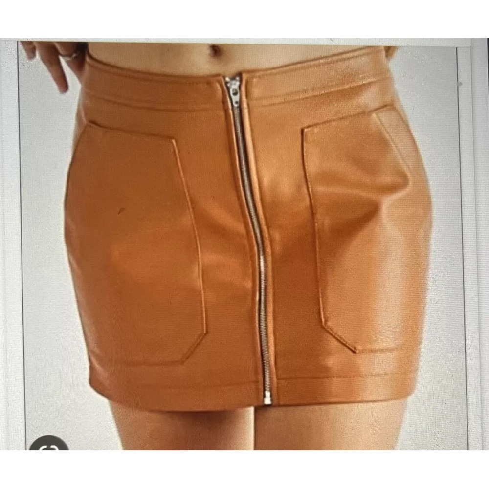 Free People Size 12  Maya Mini Skirt Mod Faux Leather Zip Front Vegan Cashew